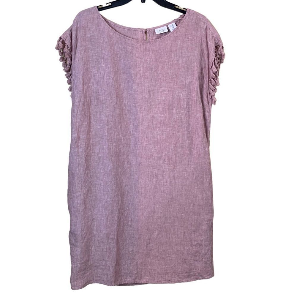 Antibes Blanc Linen Pink Fringe Sleeve Dress Size Medium
